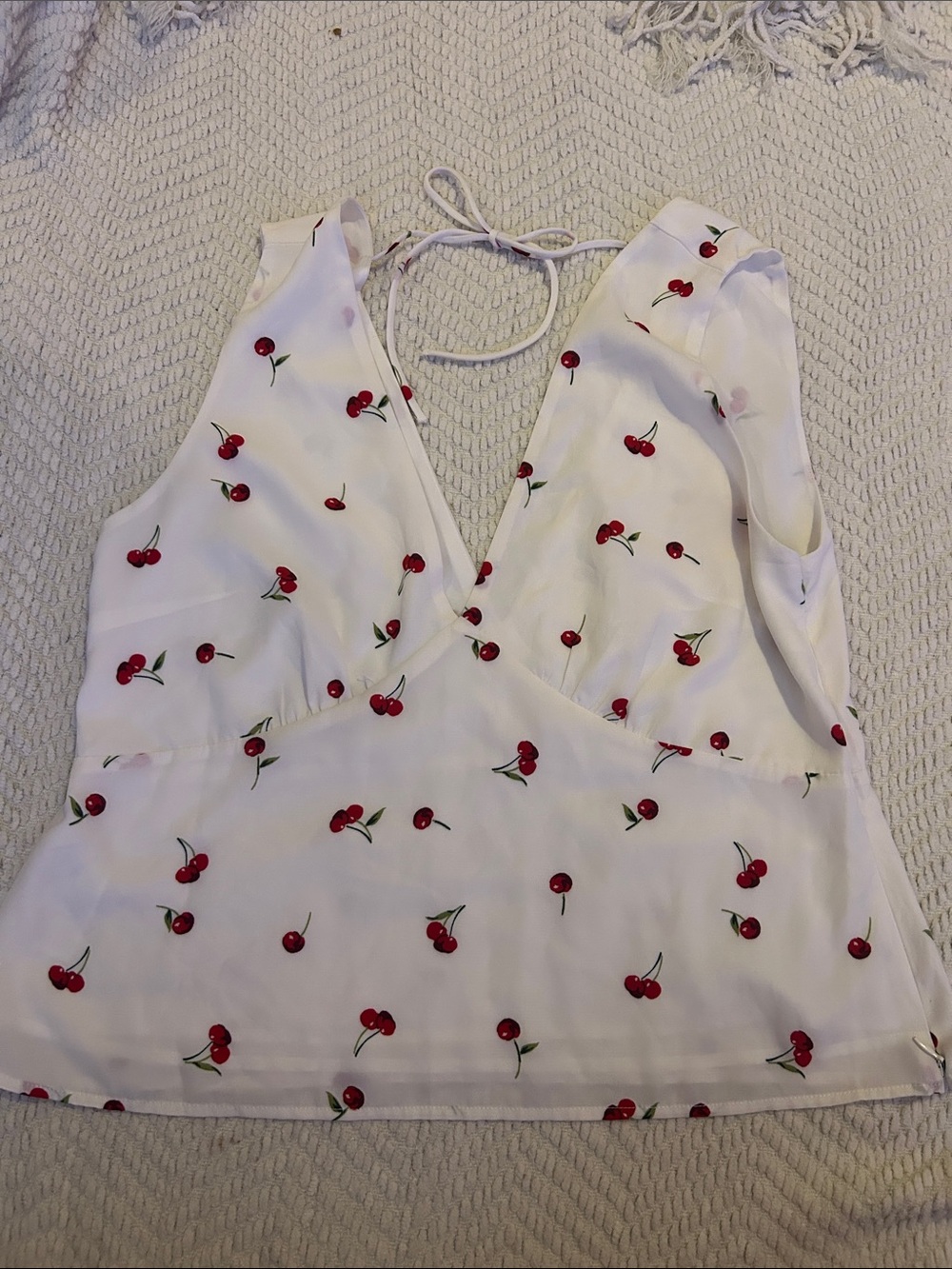 White Cherry Print V-Neck Tie-Back Top
